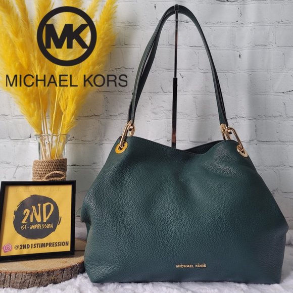 MICHAEL KORS Raven Green Emerald Gold Leather Large Shoulder Tote - Picture 1 of 14